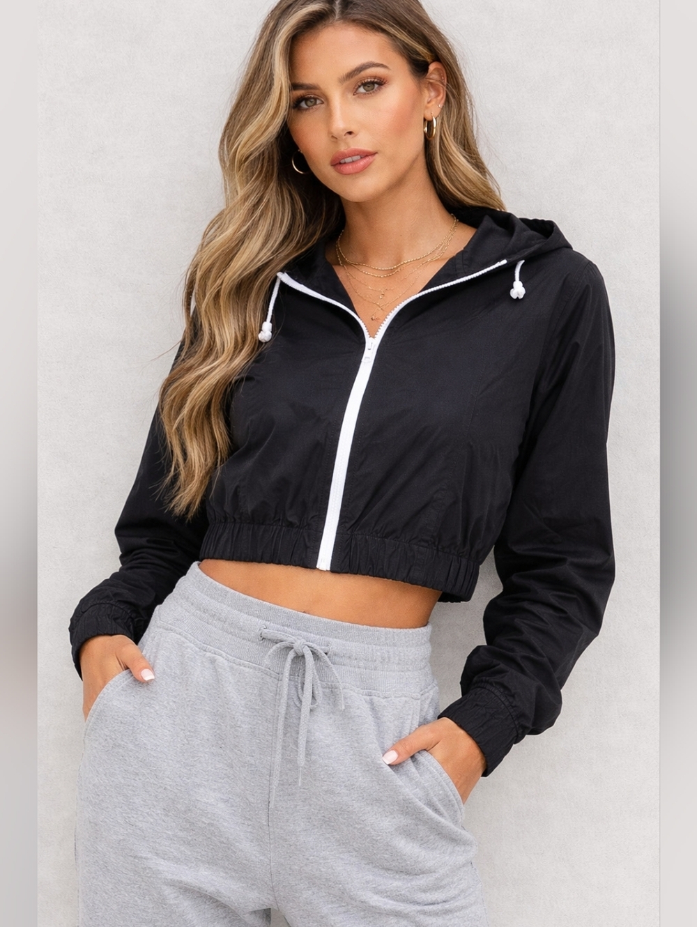 Forever 21 Black Cropped Hooded Windbreaker with White Trim